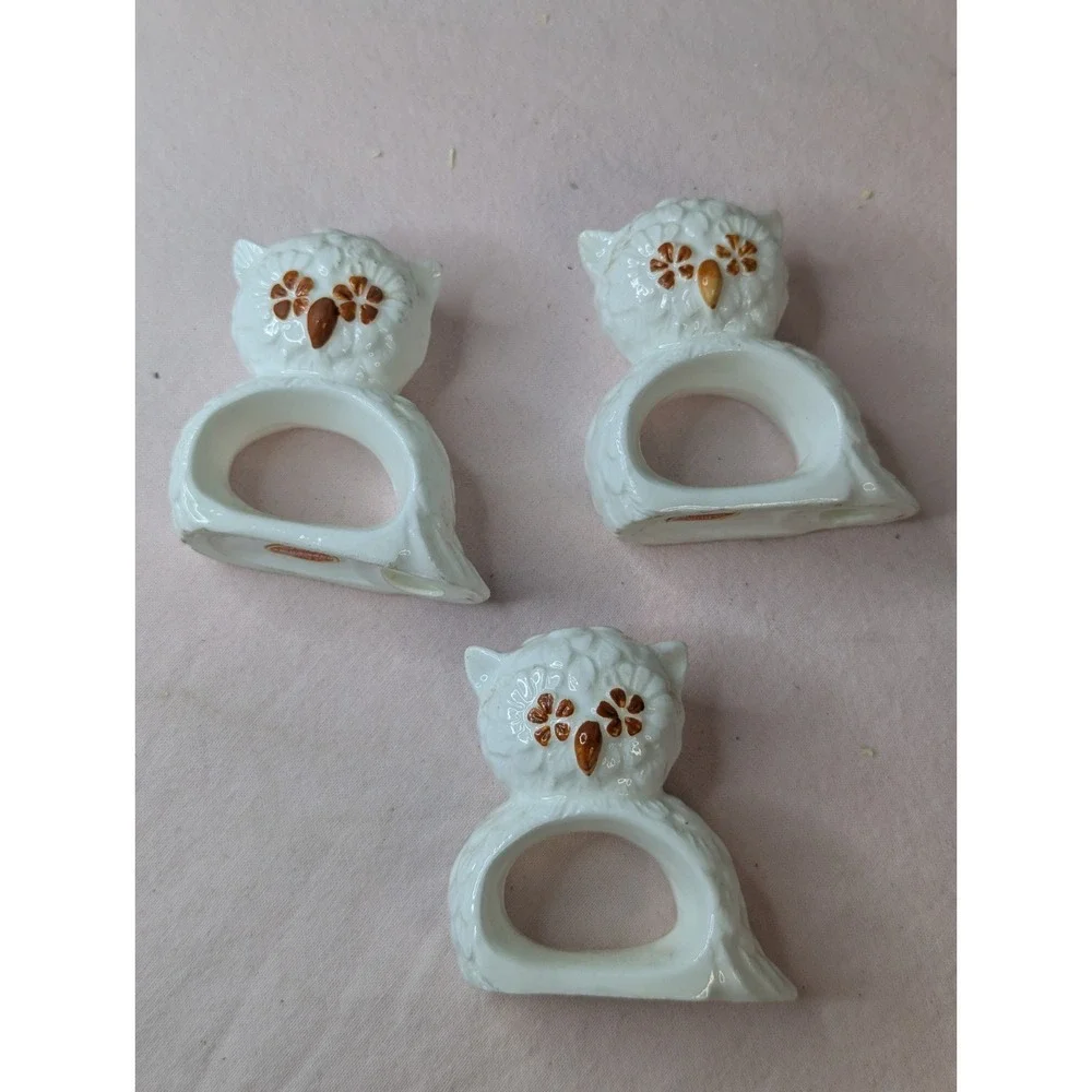3 lot Bone China white brown Owl napkin rings holder tablescape table decor